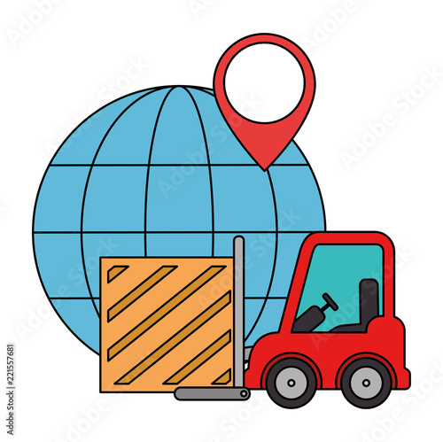 forklift with wooden box and planet