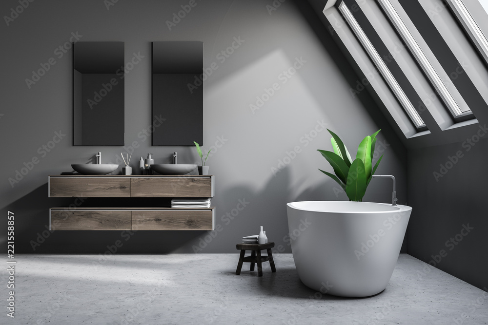 Attic luxury bathroom interior, gray close up Attic luxury bathroom interior, gray close up