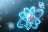 Glowing red blue atom model over blurred blue