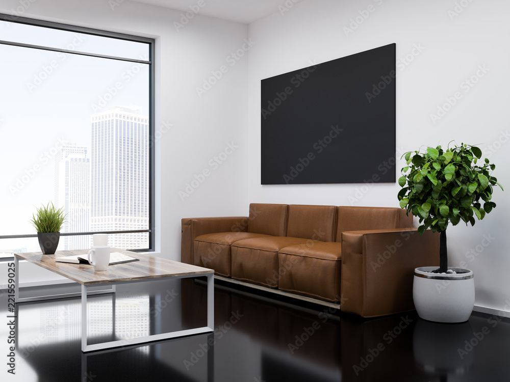White and black office waiting room, TV screen White and black office waiting room, TV screen