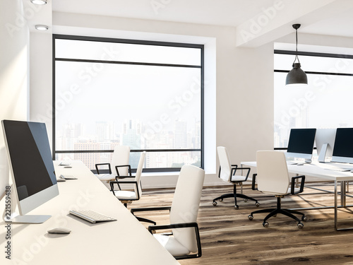 White loft office interior, cityscape © ImageFlow