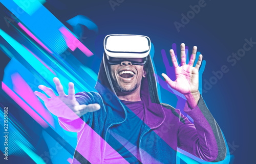 Happy young man in vr glasses, 3d effeect