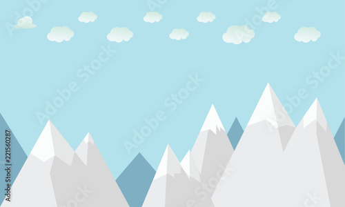 Flat winter mountains with clouds and sky background vector illustration.Nature scene with mountain view.