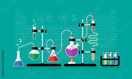 Chemistry lab and science equipment. Chemical experiment and glass flasks with solution in research laboratory.  Concepts for web banner and promotional material. Illustration in flat style.