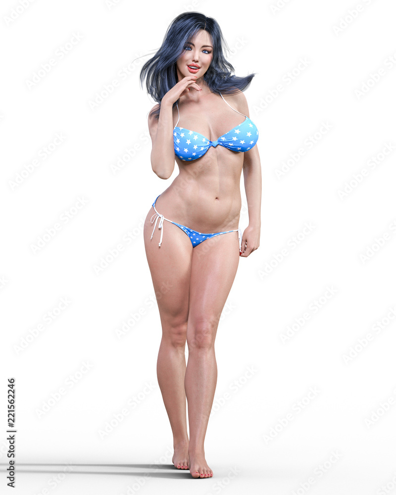Fototapeta premium 3D beautiful brunette woman blue swimsuit bikini. Summer rest. Conceptual fashion art. Seductive candid pose. Realistic render illustration. Isolate