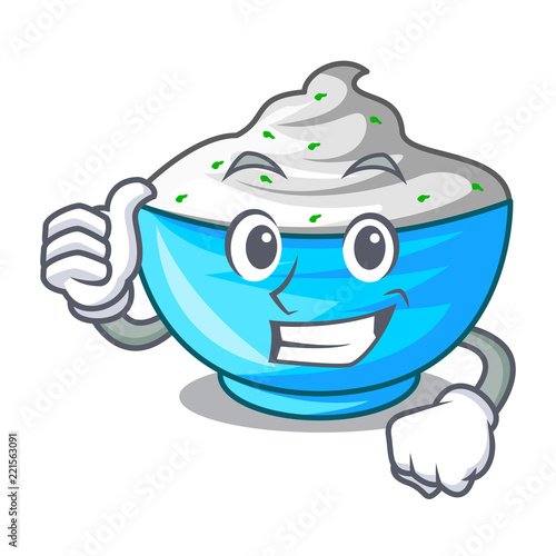 Thumbs up sour cream in a wooden bowl cartoon