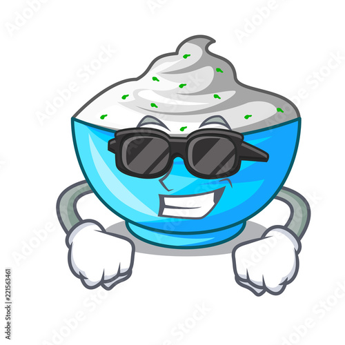 Super cool sour cream in a wooden bowl cartoon