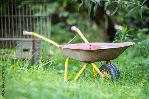 Verlassene Kinderschubkarre in Garten