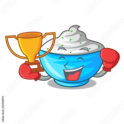 Boxing winner bowl of sour cream on cartoon wooden table