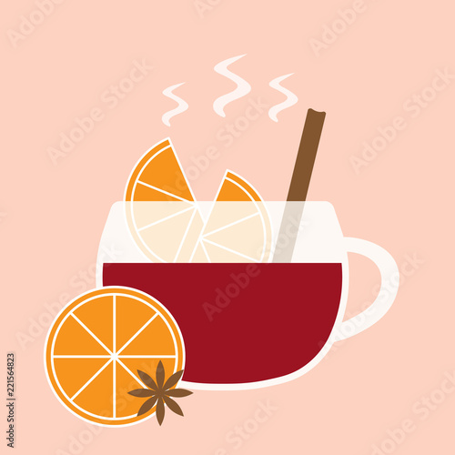 mulled vine with slice of orange and cinnamon- vector illustration