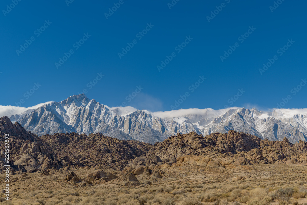 Panorama of Alabama Hills Eastern Sierra Nevada Mountains near Lone Pine California USA.