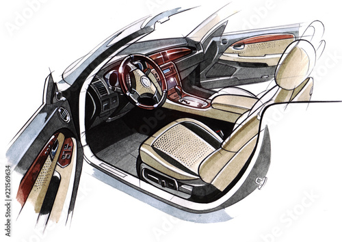 Drawing of the exclusive interior design of the car with the elaboration of all the elements of the modern passenger compartment of the vehicle. photo