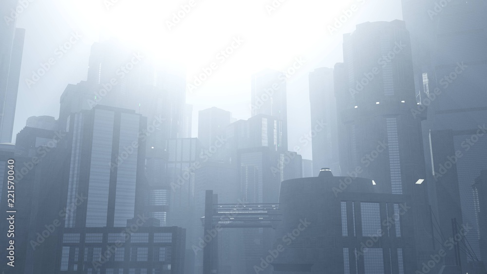 Fototapeta premium A modern city in the morning in a fog. Skyscrapers in the fog. 