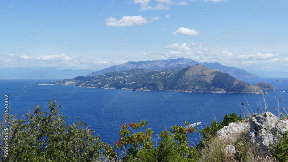 Capri mediterranean view on the sea over to the italian coast of amalfi