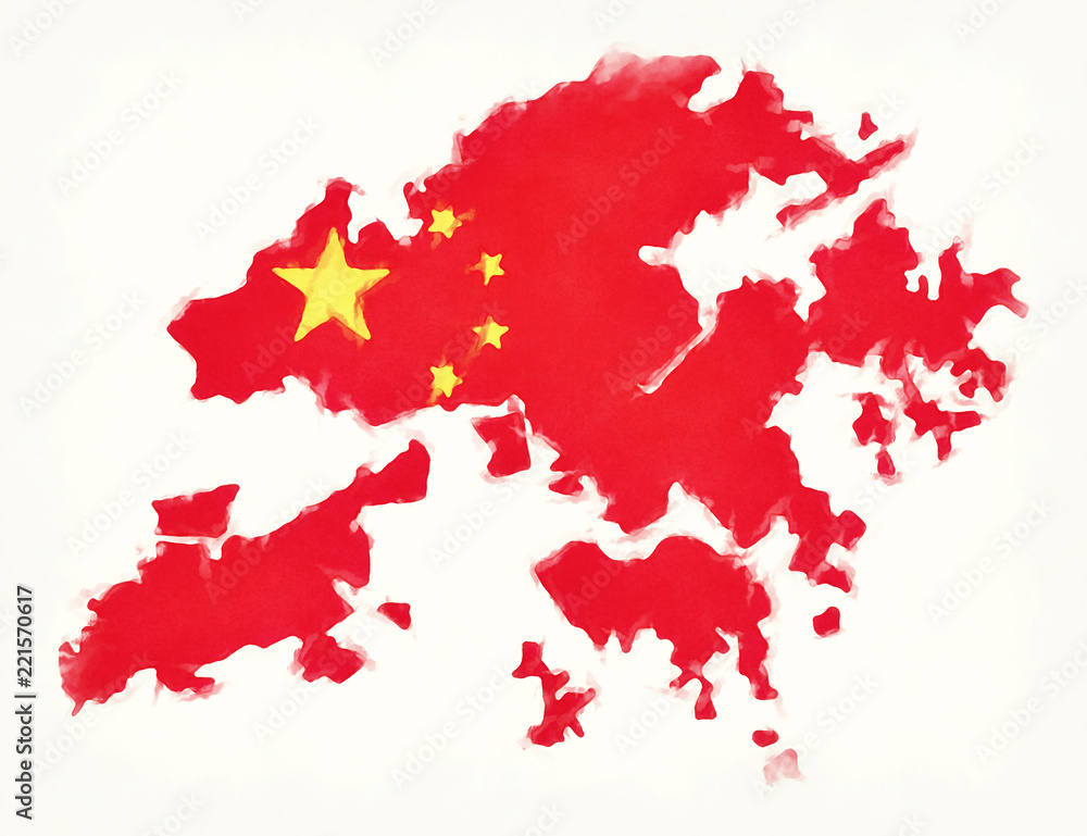 Hong Kong China watercolor map with Chinese national flag illustration Hong Kong China watercolor map with Chinese national flag illustration