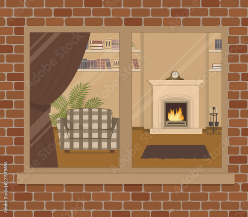 Window on the brick wall. View of the living room from the street side. There is a fireplace and checkered armchair in the room. The room also has a bookshelves and big flower. Vector illustration