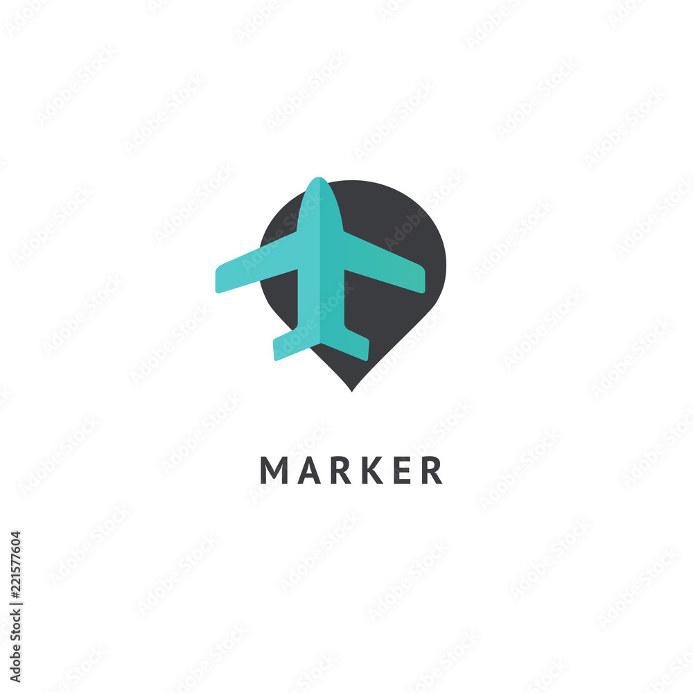 Map marker with plane icon. Vector flat style illustration Location pin navigation logo template. Logo concept of navigator, guide, airport, booking tickets, Rent a Car, travel application. Map marker with plane icon. Vector flat style illustration Location pin navigation logo template. Logo concept of navigator, guide, airport, booking tickets, Rent a Car, travel application.