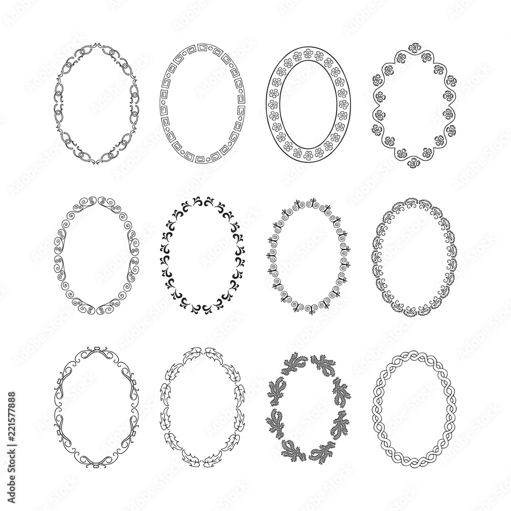 Hand drawn set of oval frames. Vector isolated. Fancy design elements. Hand drawn set of oval frames. Vector isolated. Fancy design elements.