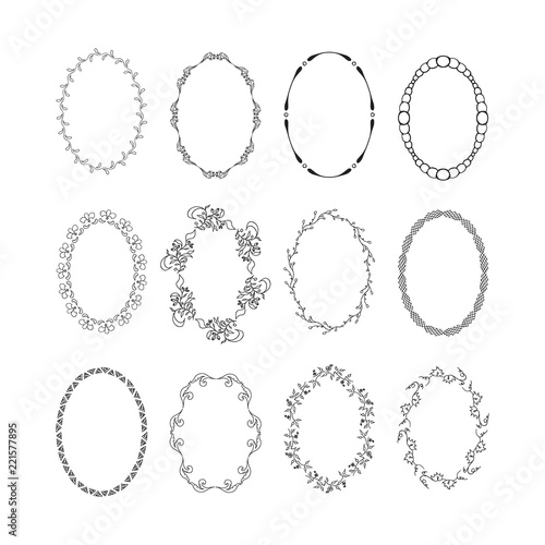 Vintage oval hand drawn frames set, vector isolated design elements. 