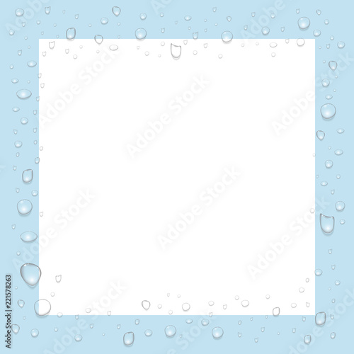 Blue frame with realistic transparent water drops. Vector isolated illustration.