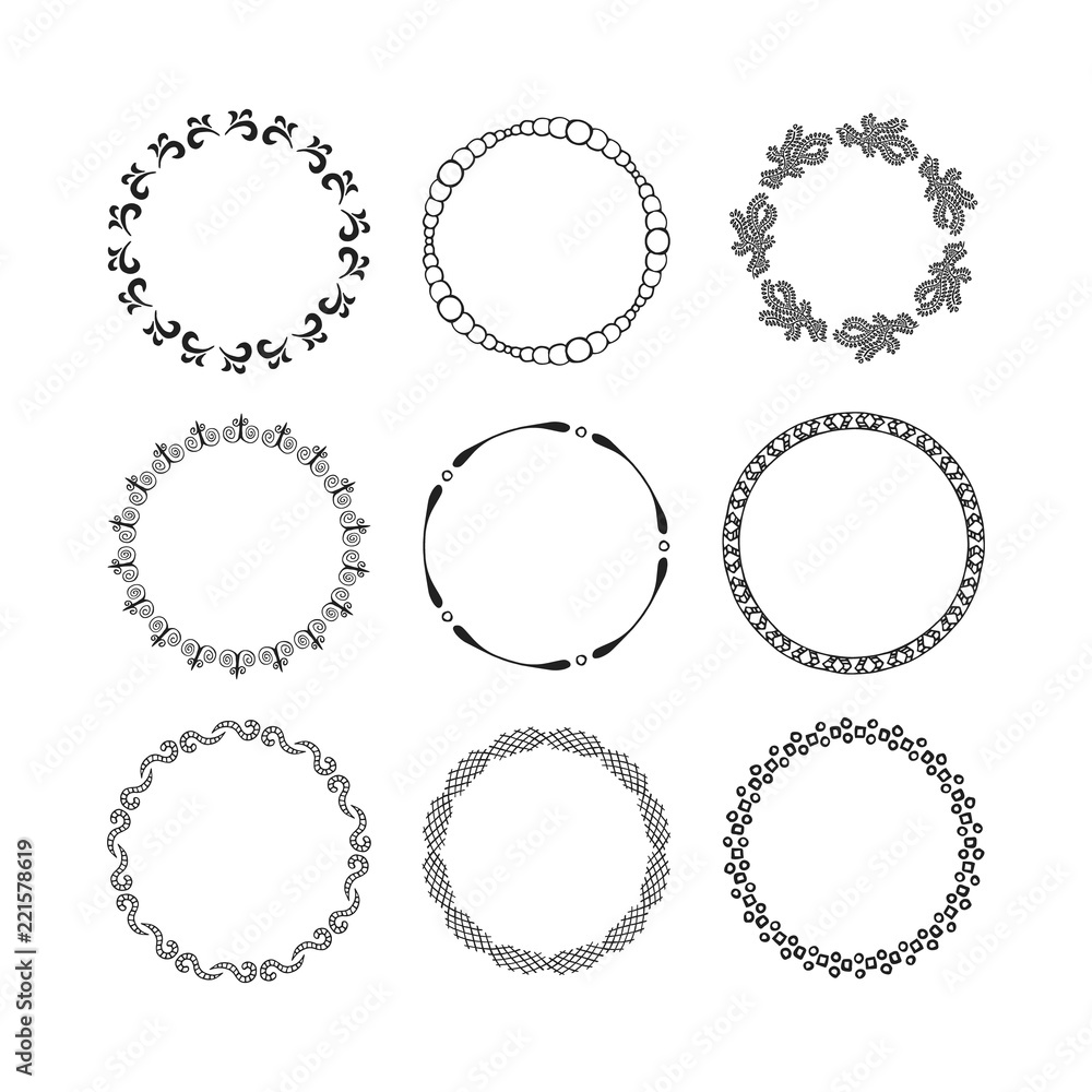 Set of hand drawn round frames. Vector isolated.