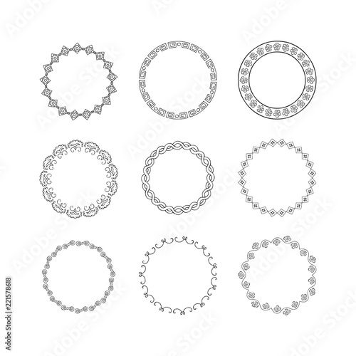 Set of hand drawn round frames. Vector isolated. Fancy design elements. 