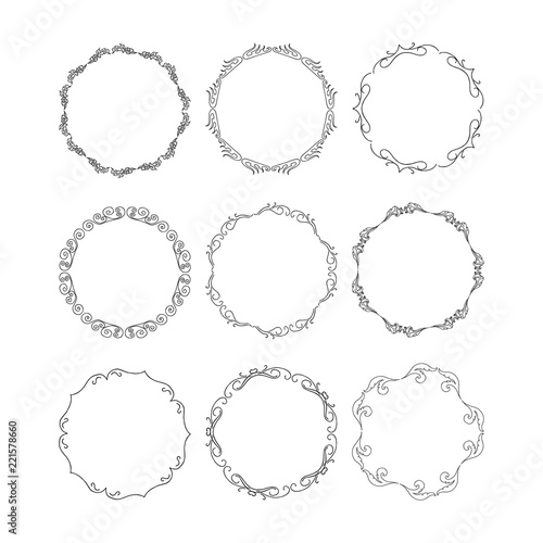 Hand drawn set of round frames. Vector isolated. Fancy design elements. 