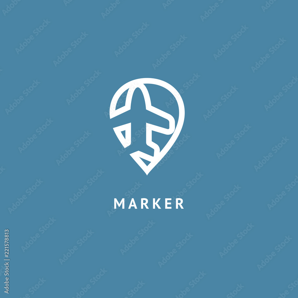 Map marker with plane icon. Vector flat style illustration Location pin navigation logo template. Logo concept of navigator, guide, airport, booking tickets, Rent a Car, travel application. Map marker with plane icon. Vector flat style illustration Location pin navigation logo template. Logo concept of navigator, guide, airport, booking tickets, Rent a Car, travel application.