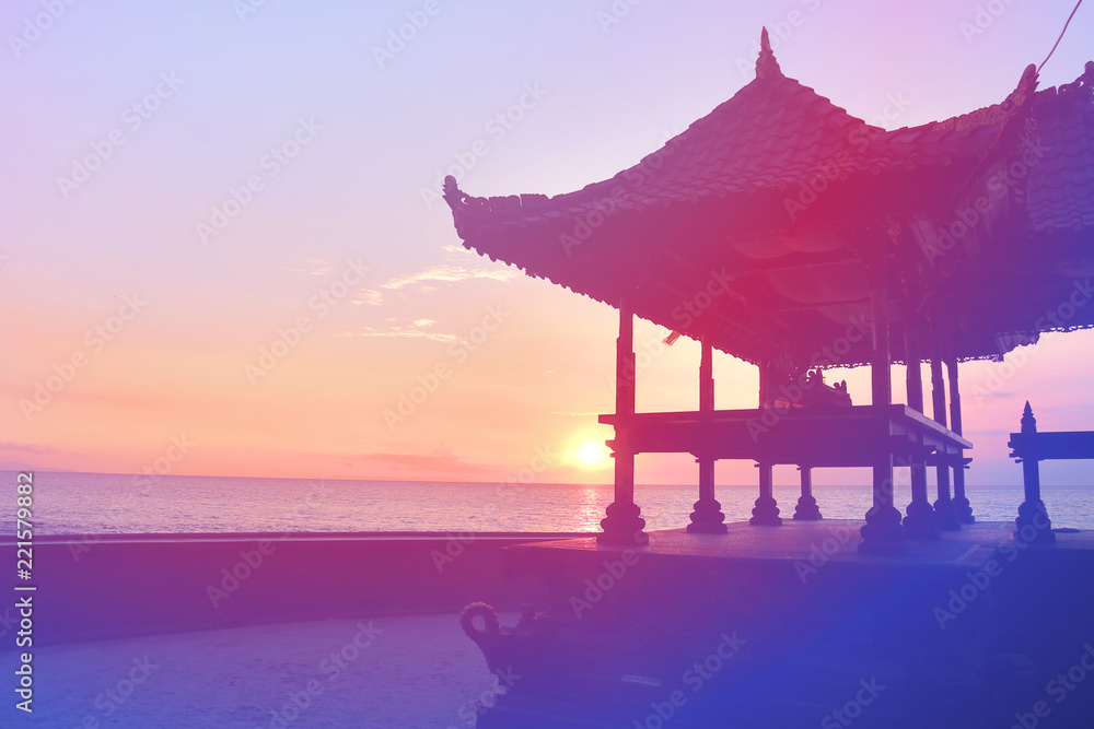 Sunset View in Pura Batu Bolong Temple, with Dreamy Pink Effects Sunset View in Pura Batu Bolong Temple, with Dreamy Pink Effects