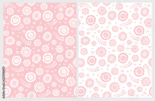 Cute Hand Drawn Floral Vector Patterns. White Abstract Flowers. Pink Background. Irregular Simple Design. © Magdalena