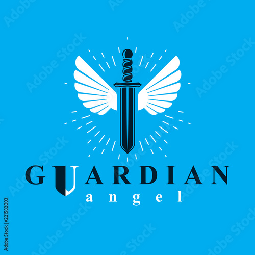 Vector graphic illustration of sword created with bird wings, battle and security metaphor symbol. Seraph vector emblem.