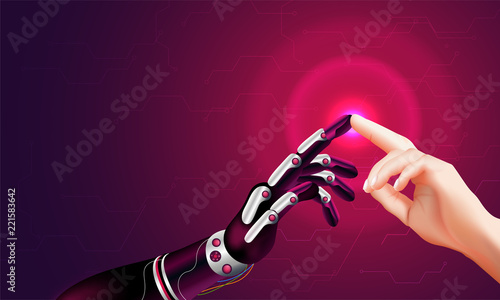 Future concept for artificial intelligence and virtual world. Robotic hand and human hand connecting in a virtual space display.