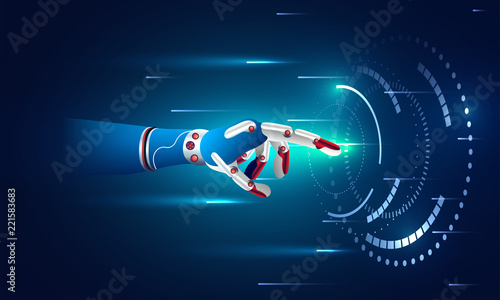 Future concept for artificial intelligence and virtual world. Robotic hand is touching a virtual space display.