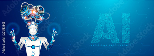 Artificial Intelligence (AI) responsive web banner design, Humanoid robot touching a virtual space display with AI text on ski-fi background.