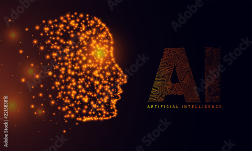 Website hero banner design, illustration of human face made by glowing molecule particle with AI text made by computer generate digital structure.