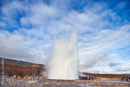 steam from geysers in Iceland in autumn