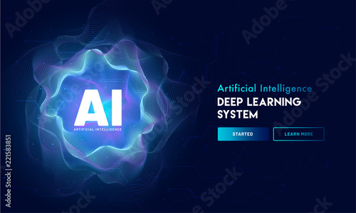 Artificial Intelligence (AI) landing page design, hi-tech blockchain network on neural network background. photo