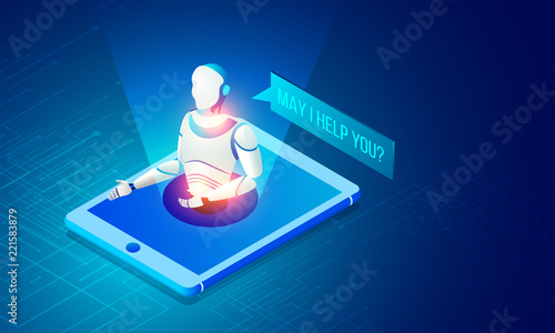 Isometric illustration of a robot on smartphone and mesh networking background, Artificial intelligence(AI) web template concept.
