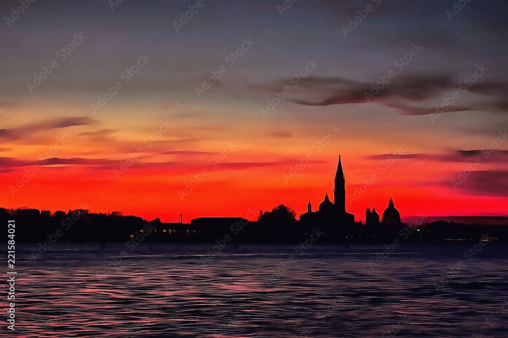 Oil painting. Art print for wall decor. Acrylic artwork. Big size poster. Watercolor drawing. Modern style fine art. Paiting for sale. Beautiful evening city  landscape. Dark red european sunset.