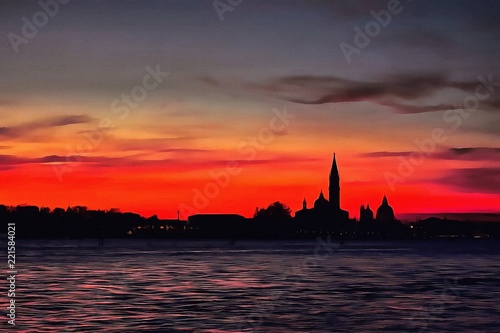 Oil painting. Art print for wall decor. Acrylic artwork. Big size poster. Watercolor drawing. Modern style fine art. Paiting for sale. Beautiful evening city landscape. Dark red european sunset.