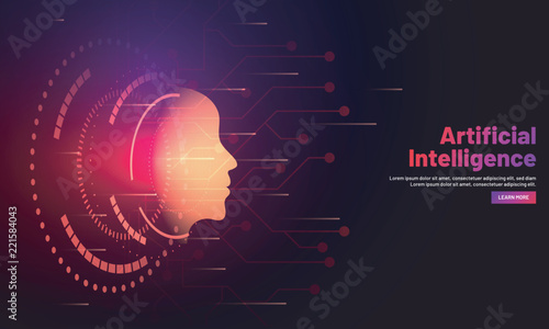 Responsive web banner design with illustration of human face on hi tech background for Artificial Intelligence (AI) concept.