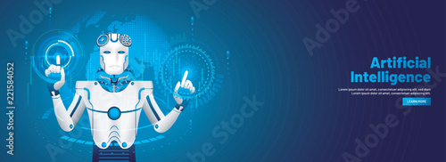 Responsive landing page design with humanoid robot working with virtual HUD interface screen for Artificial Intelligence (AI) era or virtual reality concept.