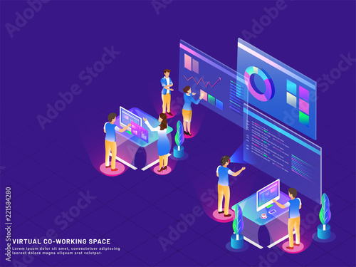Co-Working space with isometric business people working together at distant place on blue background. Responsive web template design.