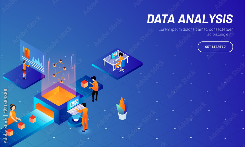 Isometric illustration of working business people or analysts, maintain data server or analysis stats for Data Analysis concept.