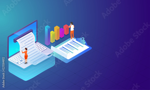 Isometric laptop with online receipt bar graph, report and business woman analysis data on shiny blue background. Can be used as web template.
