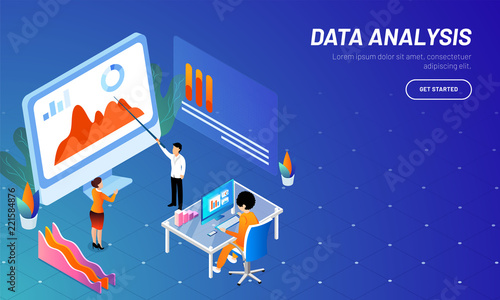 Responsive web template design with isometric illustration of miniature business people or analyst  analysis data on desktop for business growth or data analysis concept.