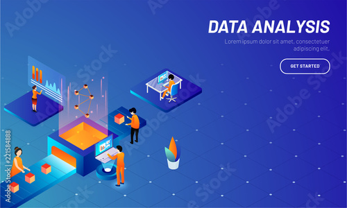 Isometric illustration of working business people or analysts, maintain data server or analysis stats for Data Analysis concept.
