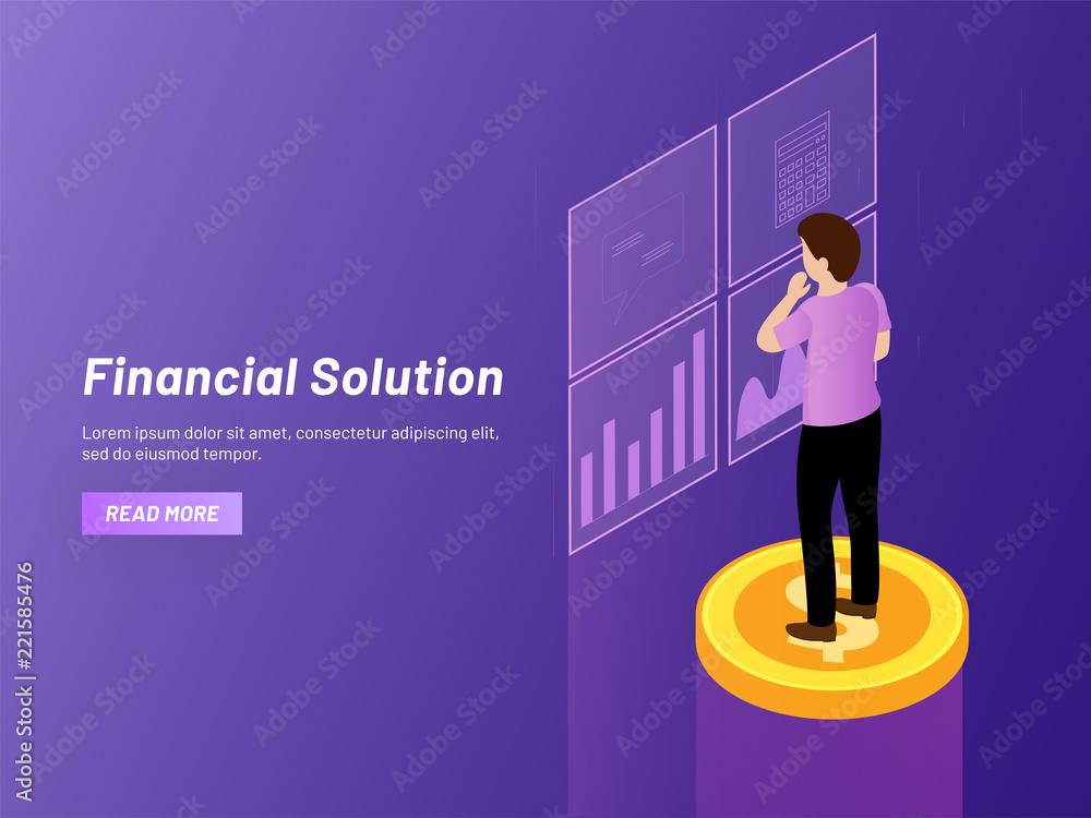 Financial Solution concept, man analysis data for his company monetary solution, isometric design for website landing page.
