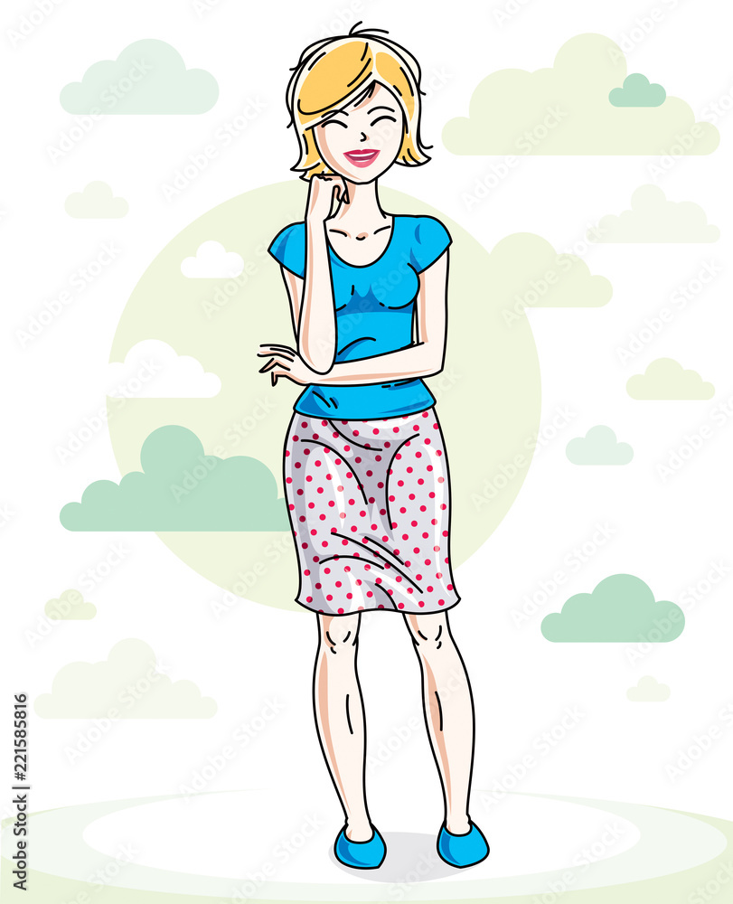 Attractive young blonde woman posing on nature backdrop with blue sky and clouds. Vector nice lady illustration. Attractive young blonde woman posing on nature backdrop with blue sky and clouds. Vector nice lady illustration.