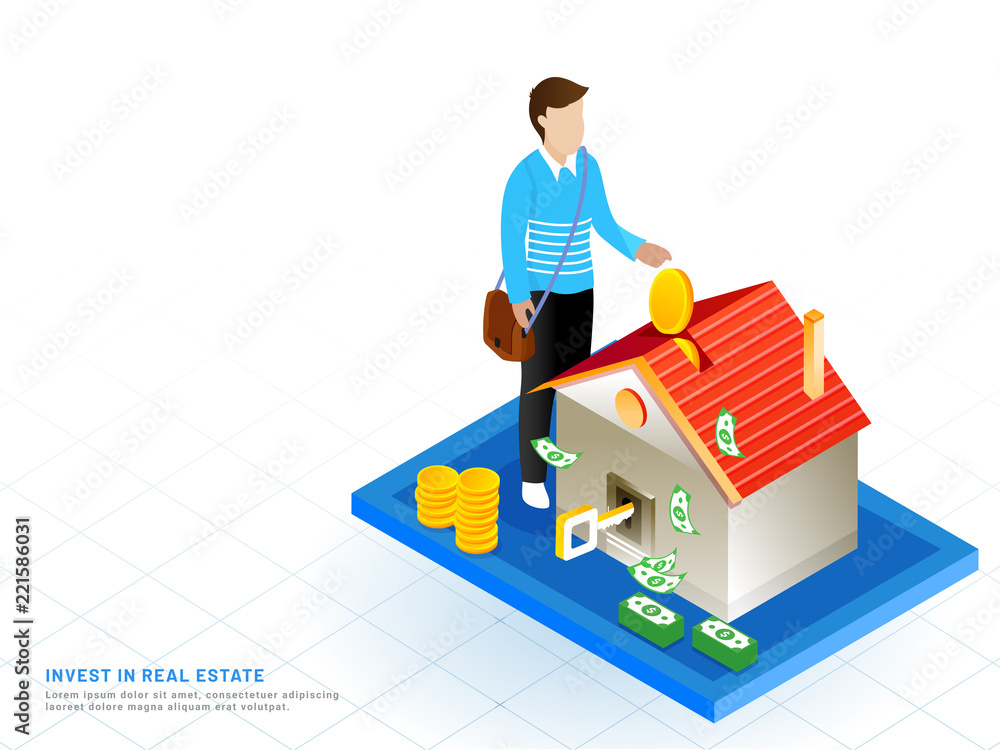 Isometric design for Invest In Real Estate, man invest his money in real estate for best value or profit, Financial strategy based responsive web template.